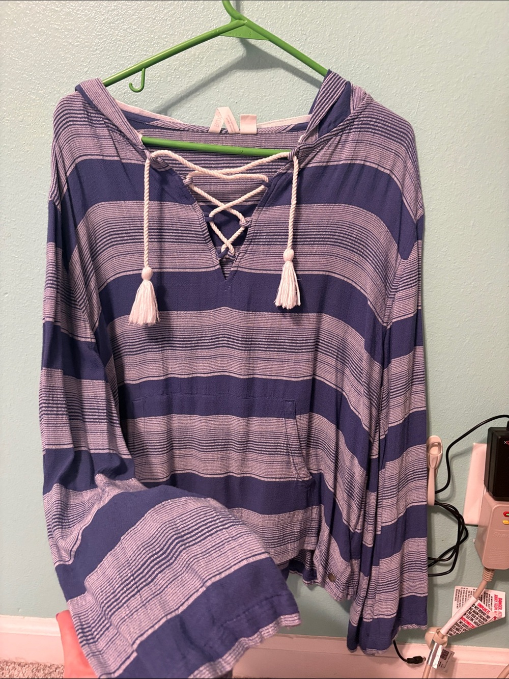 Roxy blue and white Striped Lace-Up Hoodie Top